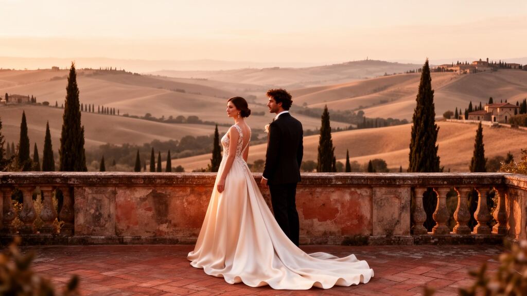 Bride and groom at sunset on a Tuscan villa terrace